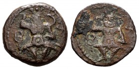 Ebusus. 1/4 calco. 200-100 BC. Ibiza. (Abh-935). Anv.: Bes with hammer and serpent, in the caduceus field and Punic letter Shin. Rev.: Similar to the ...