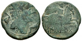 Iltirta. Unit. 220-200 BC. Lleida (Cataluña). (Abh-1465). (Acip-1249). Anv.: Male bust right flanked by three dolphins. Rev.: Horseman with palm right...