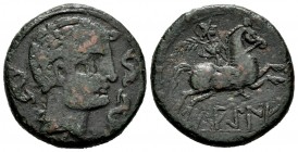 Lakine. Unit. 120-20 BC. Area of Aragon. (Abh-1656). (Acip-1505). Anv.: Bare male head right, three dolphins around. Rev.: Rider, holding palm frond, ...