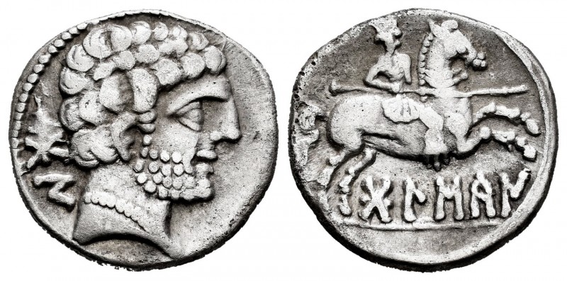 Bolskan. Denarius. 180-20 BC. Huesca. (Abh-1911). (Acip-1417). Anv.: Male head t...