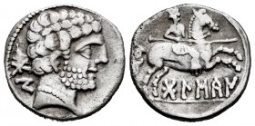 Bolskan. Denarius. 180-20 BC. Huesca. (Abh-1911). (Acip-1417). Anv.: Male head to right, behind BON. Rev.: Rider with lance to the right, in exergue B...