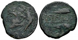 Sexi. Unit. 200-20 BC. Almuñecar (Granada). (Abh-2227). (Acip-819). (C-12). Anv.: Head of Herakles left, wearing lion skin headdress, club over should...
