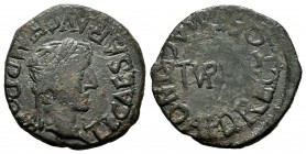 Turiasu. Time of Tiberius. Half unit. 14-36 AD. Tarazona (Zaragoza). (Abh-2460). Anv.: TI. CAESAR AVG. F. IMP. PONT. M. Laureate head of Tiberius righ...