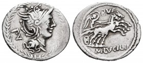 Lucilia. M. Lucilius Rufus. Denarius. 101 BC. Norte de Italia. (Ffc-821). (Craw-324/1). (Cal-909). Anv.: P.V., behind head of Roma right, within laure...