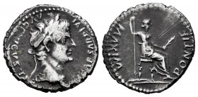 Tiberius. Denarius. 14-33 AD. Lugdunum. (Spink-1763). (Ric-26). Rev.: PONTIF MAXIM. Livia sentada a la derecha con cetro y rama. Ag. 3,77 g. Scratches...