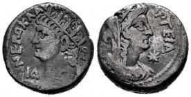 Nero. Tetradrachm. RY 14 = 67/8 AD. Alexandria. (RPC-5315). (Emmett-122). Anv.: NЄPΩ KΛAV (KAIΣ ΣЄB ΓЄP AV), radiate bust left, wearing aegis; L I∆ (d...