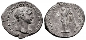 Trajan. Denarius. 107 AD. Rome. (Spink-3129). (Ric-128). (Seaby-74). Rev.: COS V P P SPQR OPTIMO PRINC. Victory with wreath and palm. Ag. 3,36 g. Choi...