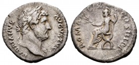 Hadrian. Denarius. 132-134 AD. Rome. (Ric-220). Rev.: ROMA FELIX COS III P P, Roma seated left, holding branch and spear. Ag. 2,97 g. Almost VF. Est.....