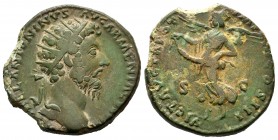 Marcus Aurelius. Dupondius. 166 AD. Rome. (Ric-925 as sestertius). Rev.: VICT AVG TR POT XX IMP III COS III legend with Victory flying left holding ga...