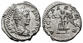 Caracalla. Denarius. 200 AD. Rome. (Spink-6898). (Ric-145). (Seaby-661). Rev.: VICT PART MAX, Victory advancing to left, holding wreath and palm. Ag. ...