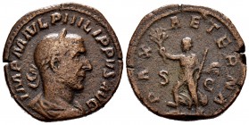Philip I. Sestertius. 244-249 AD. Rome. (Spink-9002). (Ric-184a). Rev.: PAX AETERNA SC. Pax advancing left, holding olive branch and scepter. Ae. 20,3...