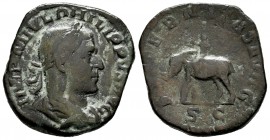 Philip I. Sestertius. 247 AD. Rome. (Spink-9041). (Ric-167b). Rev.: AETERNITAS AVGG S C. Elephant walking left. Ae. 18,43 g. Choice F. Est...50,00. 
...