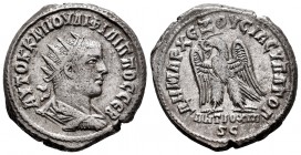 Philip II. Seleucis and Pieria. Tetradrachm. 248 AD. Antioch. (Prieur-413). Anv.: AYTOK K M IOYΛI ΦIΛIΠΠOC CEB, radiate, draped and cuirassed bust to ...