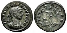 Aurelian. Denarius. 274-275 AD. Rome. (Spink-11641). (Ric-73). Rev.: VICTORIA AVG, Victory walking left, holding wreath and palm with captive seated t...