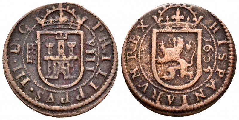 Philip III (1598-1621). 8 maravedis. 1605. Segovia. (Cal-327). Ae. 6,17 g. Choic...