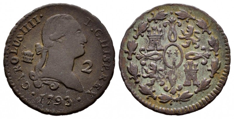 Charles IV (1788-1808). 2 maravedis. 1793. Segovia. (Cal-28). Ae. 2,38 g. Almost...