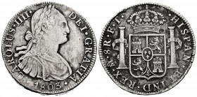 Charles IV (1788-1808). 8 reales. 1803. México. FT. (Cal-977). Ag. 26,46 g. Almost VF. Est...50,00. 


 SPANISH DESCRIPTION: Carlos IV (1788-1808)....