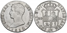 Joseph Napoleon (1808-1814). 20 reales. 1810. Madrid. AI. (Cal-38). Ag. 27,15 g. Large eagle. Cleaned. AU. Est...420,00. 


 SPANISH DESCRIPTION: J...