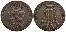 Elizabeth II (1833-1868). 6 quartos. 1841. Barcelona. (Cal-22). Ae. 13,71 g. VF. Est...35,00. 


 SPANISH DESCRIPTION: Isabel II (1833-1868). 6 cua...