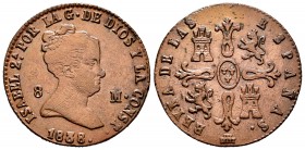 Elizabeth II (1833-1868). 8 maravedis. 1838. Segovia. (Cal-124). Ae. 9,43 g. Scratches on obverse. VF. Est...25,00. 


 SPANISH DESCRIPTION: Isabel...