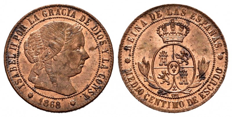 Elizabeth II (1833-1868). 1/2 centimo de escudo. 1868. Barcelona. OM. (Cal-201)....