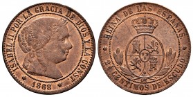 Elizabeth II (1833-1868). 2 1/2 centimos de escudo. 1868. Sevilla. OM. (Cal-243). Ae. 6,36 g. Thin crack. It retains some luster. AU. Est...30,00. 
...