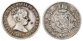 Elizabeth II (1833-1868). 1 real. 1847. Madrid. CL. (Cal-299). Ag. 1,44 g. VF. Est...30,00. 


 SPANISH DESCRIPTION: Isabel II (1833-1868). 1 real....