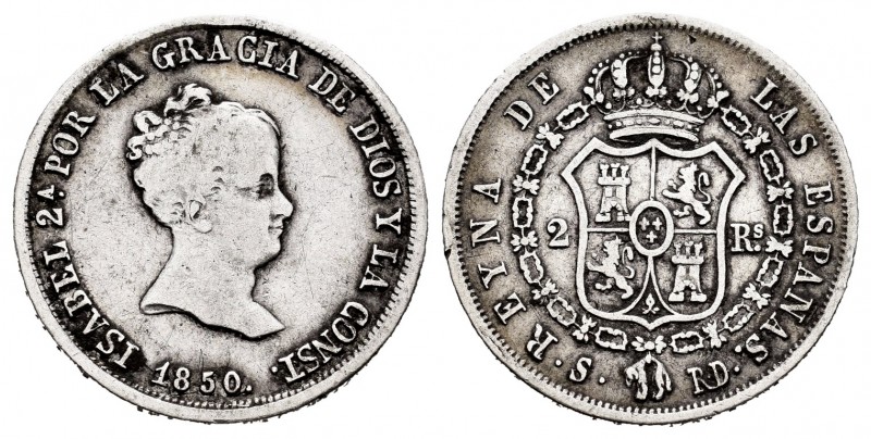 Elizabeth II (1833-1868). 2 reales. 1850. Sevilla. RD. (Cal-386). Ag. 2,42 g. Al...