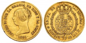 Elizabeth II (1833-1868). Doblon of 100 reales. 1851. Madrid. CL. (Cal-758). Au. 8,16 g. Minor scratches. Nick on edge. Rare. Choice VF. Est...450,00....