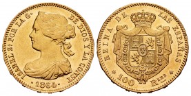 Elizabeth II (1833-1868). 100 reales. 1864. Madrid. (Cal-792). Au. 8,36 g. AU. Est...360,00. 


 SPANISH DESCRIPTION: Isabel II (1833-1868). 100 re...