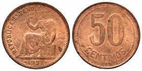 II Republic (1931-1939). 50 céntimos. 1937. (Cal 2008-3). Ae. 6,16 g. AU. Est...25,00. 


 SPANISH DESCRIPTION: II República (1931-1939). 50 céntim...