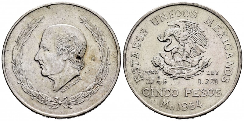 Mexico. 5 pesos. 1954. México. (Km-467). Ag. 27,71 g. Hidalgo. XF. Est...65,00. ...