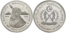 Saharawi Republic. 5000 pesetas. 1996. (Km-35). Ag. 33,66 g. 20th Anivesary - Proclamation of Republic. PR. Est...75,00. 


 SPANISH DESCRIPTION: R...