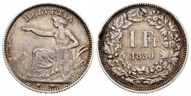 Switzerland. 1 franc. 1850. A. (Km-9). Ag. 4,95 g. Rare. Almost XF. Est...100,00. 


 SPANISH DESCRIPTION: Suiza. 1 franc. 1850. A. (Km-9). Ag. 4,9...