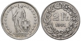 Switzerland. 2 francs. 1901. B. (Km-21). Ag. 9,87 g. Very scarce. Choice VF. Est...120,00. 


 SPANISH DESCRIPTION: Suiza. 2 francs. 1901. B. (Km-2...