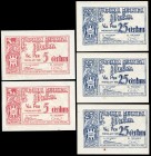 Lot of 5 banknotes of the Consell Municipal de Premia, 2 of 5 cents correlative (Montaner-1177c) and 3 of 25 cents correlative, 2 with rust spot (Mont...