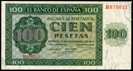 100 pesetas. 1936. Burgos. (Ed 2017-421a). November 21, Burgos Cathedral. Serie H. Almost XF. Est...60,00. 


 SPANISH DESCRIPTION: 100 pesetas. 19...