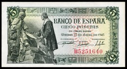 5 pesetas. 1945. Madrid. (Ed 2017-449a). June 15, Capitulations of Santa Fe. Serie B. UNC. Est...25,00. 


 SPANISH DESCRIPTION: 5 pesetas. 1945. M...