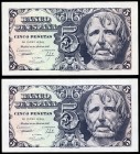5 pesetas. 1947. Madrid. (Ed 2017-454). April 12, Seneca's head. Without serie. Correlative pair. UNC. Est...75,00. 


 SPANISH DESCRIPTION: 5 pese...