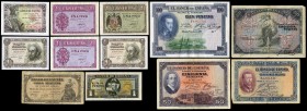 Lot of 12 banknotes, 7 of 1 peseta (1937 (2), 1938, 1940, 1943, 1951 (2)), 1 of 5 pesetas (1937), 1 of 25 pesetas (1926), 2 of 50 pesetas (1906, 1927)...