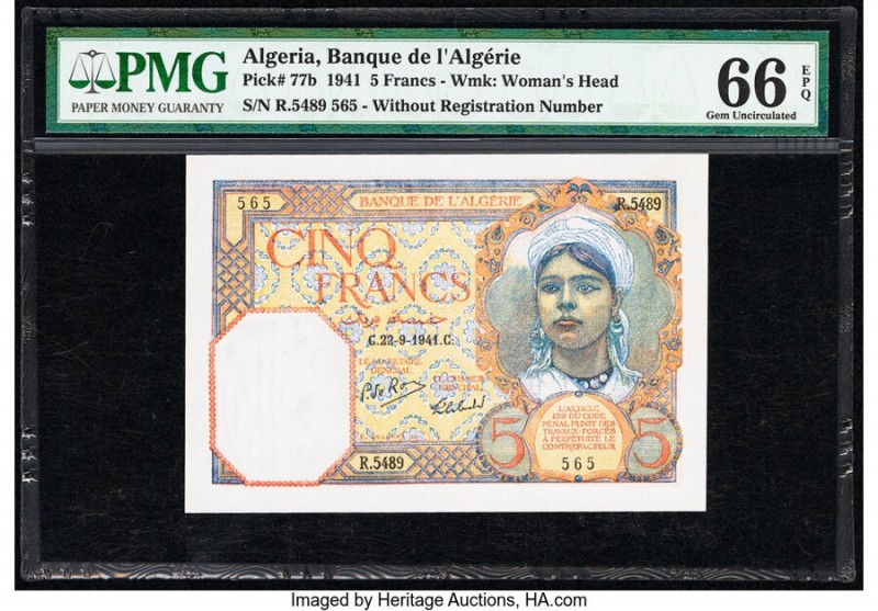 Algeria Banque de l'Algerie 5 Francs 22.9.1941 Pick 77b PMG Gem Uncirculated 66 ...