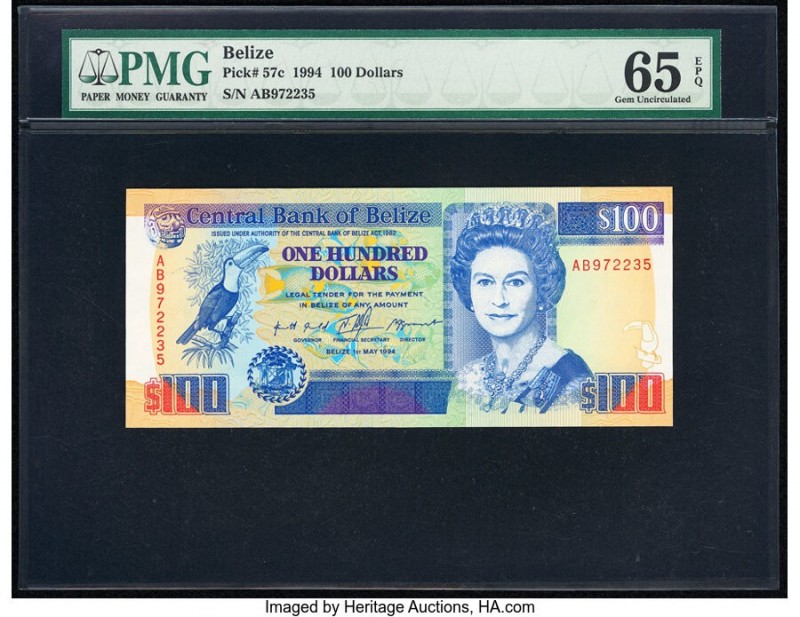 Belize Central Bank 100 Dollars 1.5.1994 Pick 57c PMG Gem Uncirculated 65 EPQ. 
...