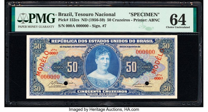 Brazil Tesouro Nacional 50 Cruzeiros ND (1956-59) Pick 152cs specimen PMG Choice...