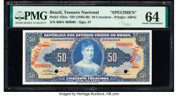 Brazil Tesouro Nacional 50 Cruzeiros ND (1956-59) Pick 152cs specimen PMG Choice Uncirculated 64. Red Modelo overprints and two POCs.

HID09801242017
...