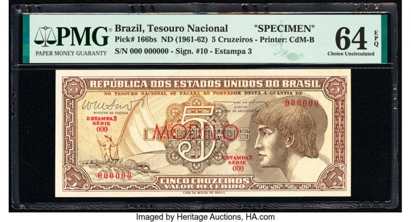 Brazil Tesouro Nacional 5 Cruzeiros ND (1961-62) Pick 166bs Specimen PMG Choice ...