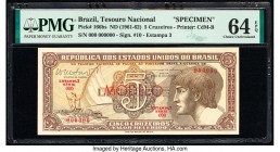 Brazil Tesouro Nacional 5 Cruzeiros ND (1961-62) Pick 166bs Specimen PMG Choice Uncirculated 64 EPQ. Red Modelo overprints.

HID09801242017

© 2020 He...