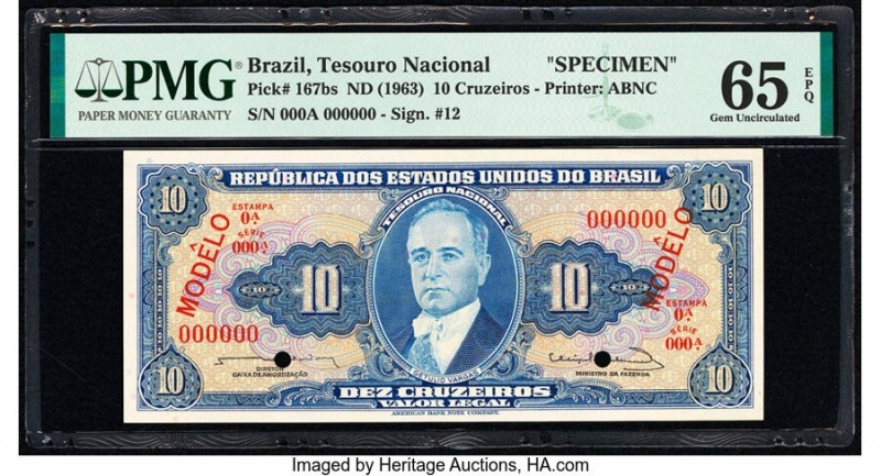 Brazil Tesouro Nacional 10 Cruzeiros ND (1961-63) Pick 167bs Specimen PMG Gem Un...