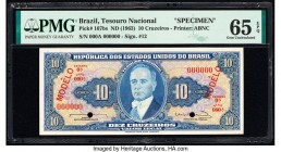 Brazil Tesouro Nacional 10 Cruzeiros ND (1961-63) Pick 167bs Specimen PMG Gem Uncirculated 65 EPQ. Red Modelo overprints and two POCs.

HID09801242017...