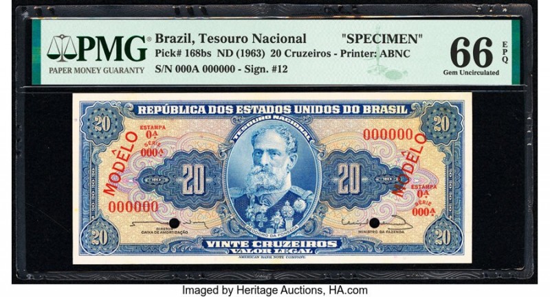 Brazil Tesouro Nacional 20 Cruzeiros ND (1961-63) Pick 168bs Specimen PMG Gem Un...