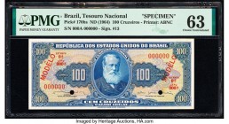 Brazil Tesouro Nacional 100 Cruzeiros ND (1961-64) Pick 170bs Specimen PMG Choice Uncirculated 63. Red Modelo overprints and two POCs.

HID09801242017...